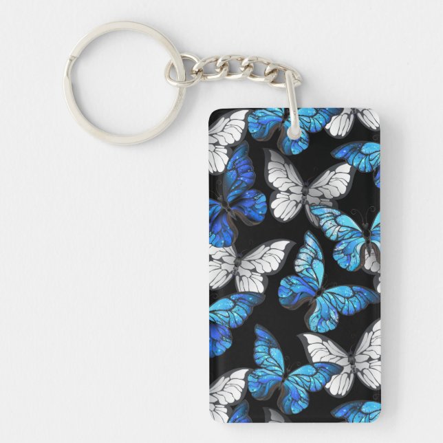 Dark Seamless Pattern with Blue Butterflies Morpho Keychain (Front)