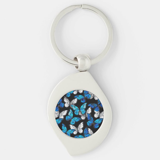 Dark Seamless Pattern with Blue Butterflies Morpho Keychain (Front)