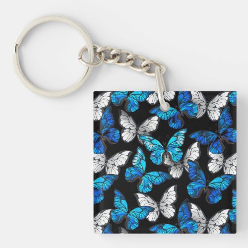 Dark Seamless Pattern with Blue Butterflies Morpho Keychain