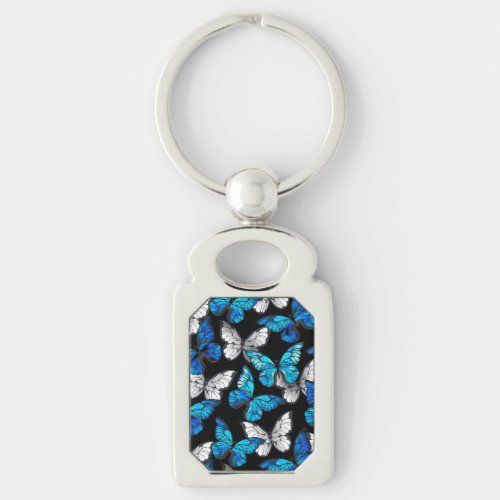 Dark Seamless Pattern with Blue Butterflies Morpho Keychain