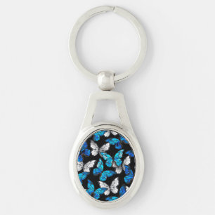 Dark Seamless Pattern with Blue Butterflies Morpho Keychain
