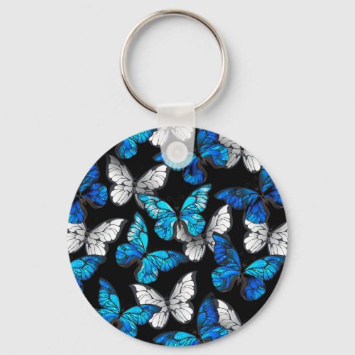 Dark Seamless Pattern with Blue Butterflies Morpho Keychain