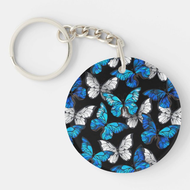 Dark Seamless Pattern with Blue Butterflies Morpho Keychain (Front)