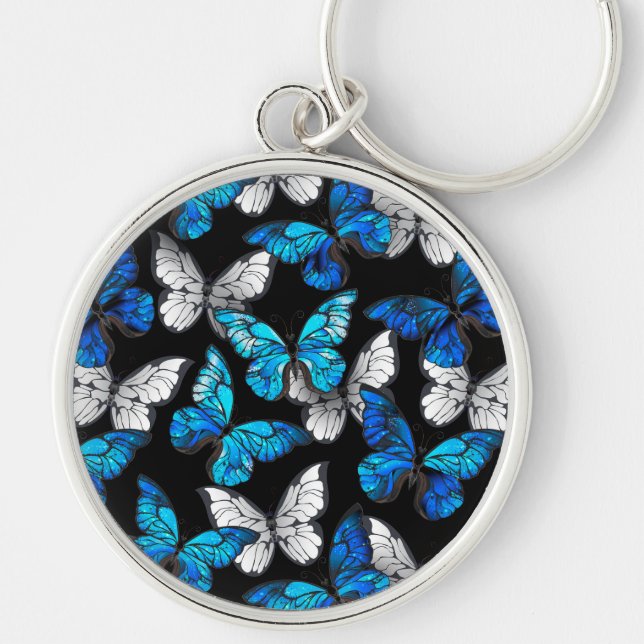 Dark Seamless Pattern with Blue Butterflies Morpho Keychain (Front)