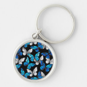Dark Seamless Pattern with Blue Butterflies Morpho Keychain