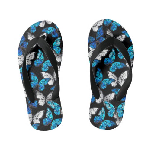 Dark Seamless Pattern with Blue Butterflies Morpho Kids Flip Flops
