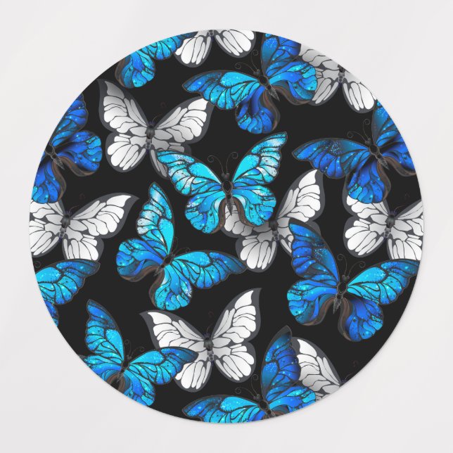 Dark Seamless Pattern with Blue Butterflies Morpho Kids' Labels (Design 1)