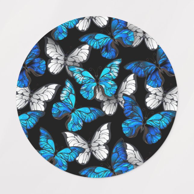 Dark Seamless Pattern with Blue Butterflies Morpho Kids' Labels (Design 1)