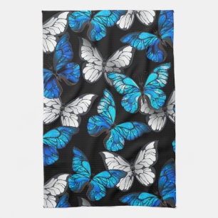 Dark Seamless Pattern with Blue Butterflies Morpho Kitchen Towel