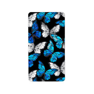 Dark Seamless Pattern with Blue Butterflies Morpho Label