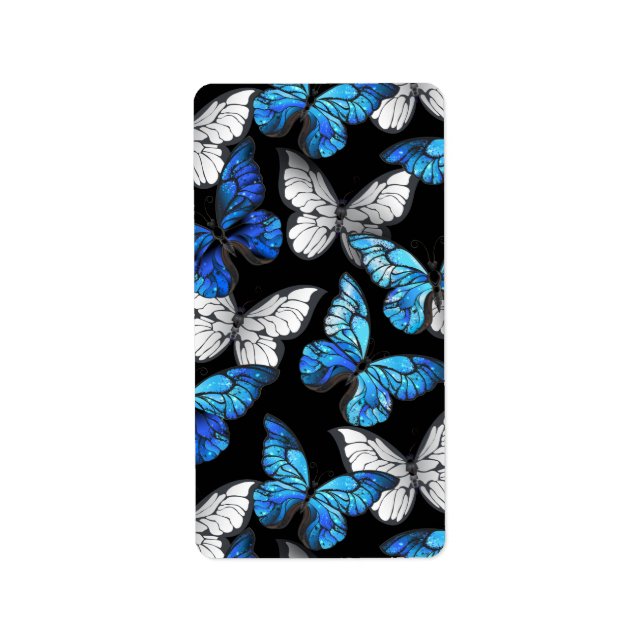 Dark Seamless Pattern with Blue Butterflies Morpho Label (Front)