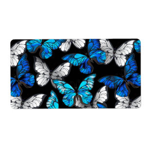 Dark Seamless Pattern with Blue Butterflies Morpho Label