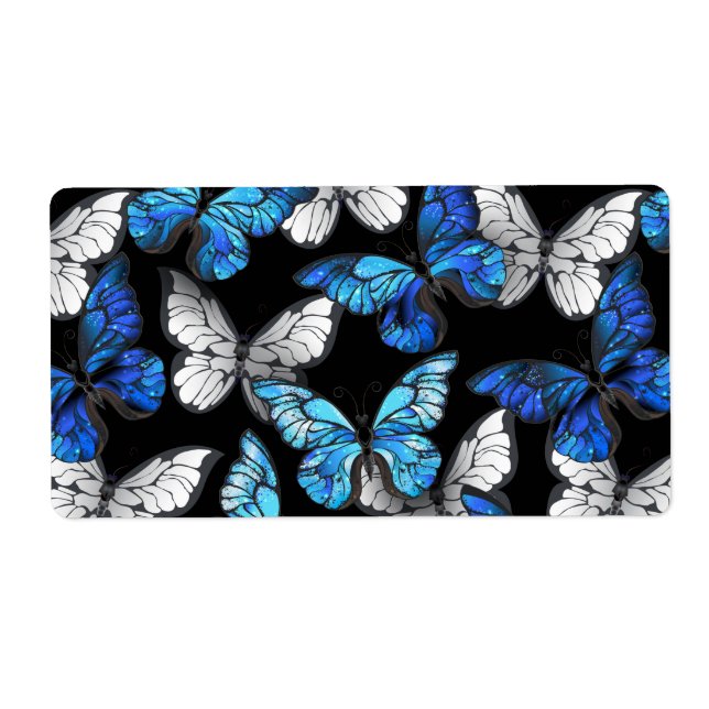 Dark Seamless Pattern with Blue Butterflies Morpho Label (Front)