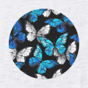 Dark Seamless Pattern with Blue Butterflies Morpho Labels