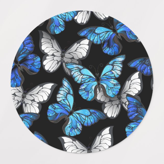 Dark Seamless Pattern with Blue Butterflies Morpho Labels (Design 1)