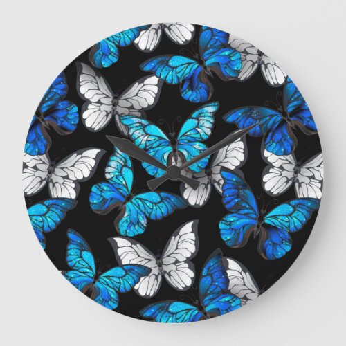 Dark Seamless Pattern with Blue Butterflies Morpho Large Clock