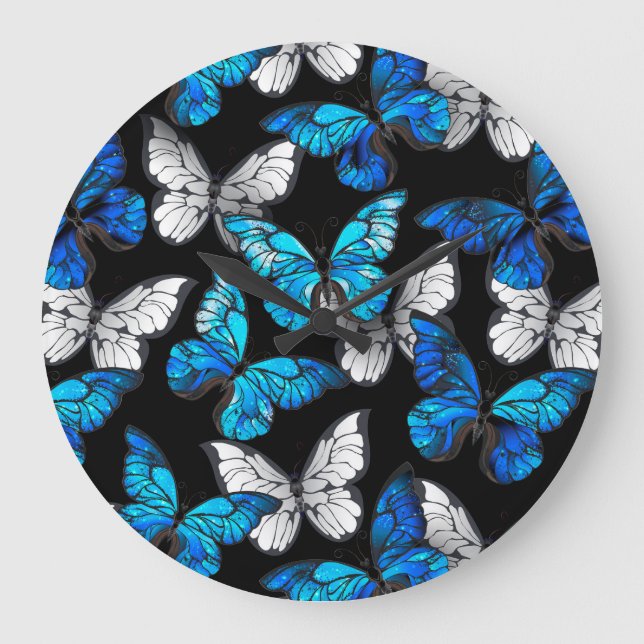 Dark Seamless Pattern with Blue Butterflies Morpho Large Clock (Front)