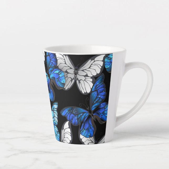 Dark Seamless Pattern with Blue Butterflies Morpho Latte Mug (Right)