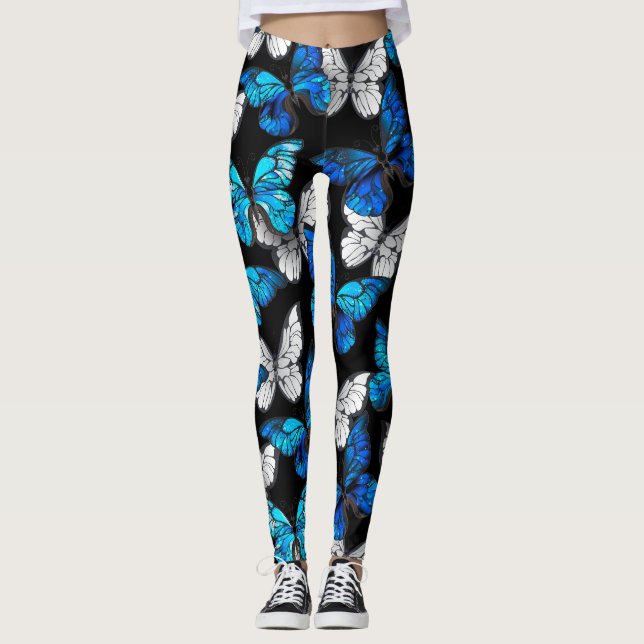 Dark Seamless Pattern with Blue Butterflies Morpho Leggings (Front)