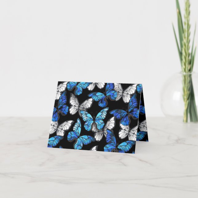 Dark Seamless Pattern with Blue Butterflies Morpho Letterpress Thank You Card (Front)