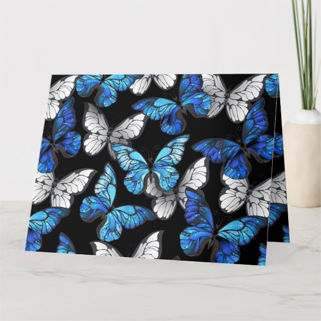 Dark Seamless Pattern with Blue Butterflies Morpho Letterpress Thank You Card (Front)