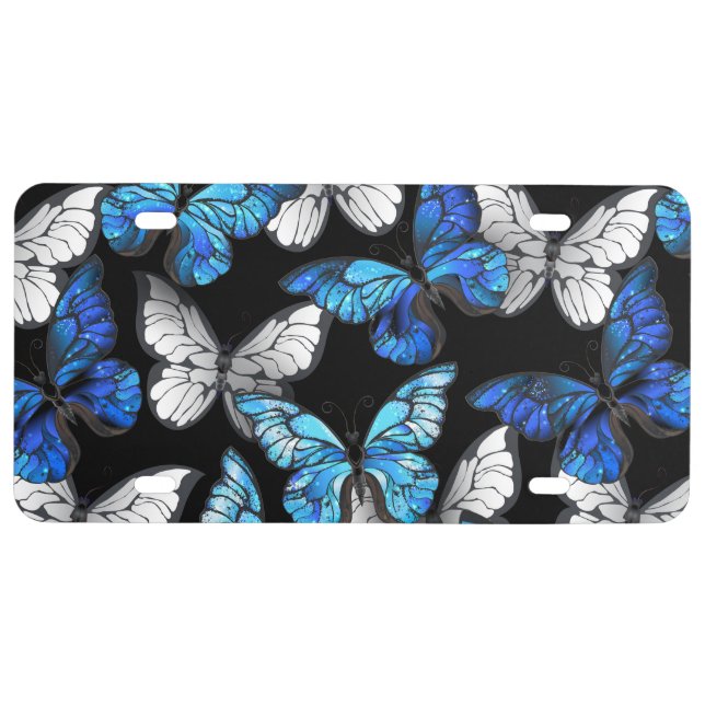 Dark Seamless Pattern with Blue Butterflies Morpho License Plate (Front)