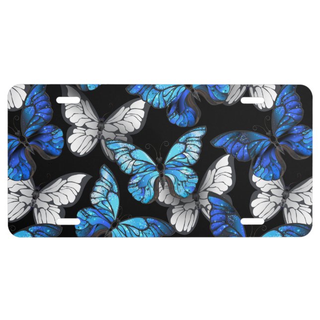 Dark Seamless Pattern with Blue Butterflies Morpho License Plate (Front)