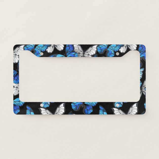 Dark Seamless Pattern with Blue Butterflies Morpho License Plate Frame (Front)