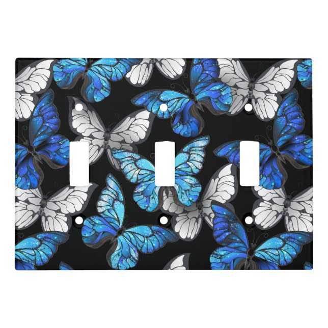 Dark Seamless Pattern with Blue Butterflies Morpho Light Switch Cover (Front)