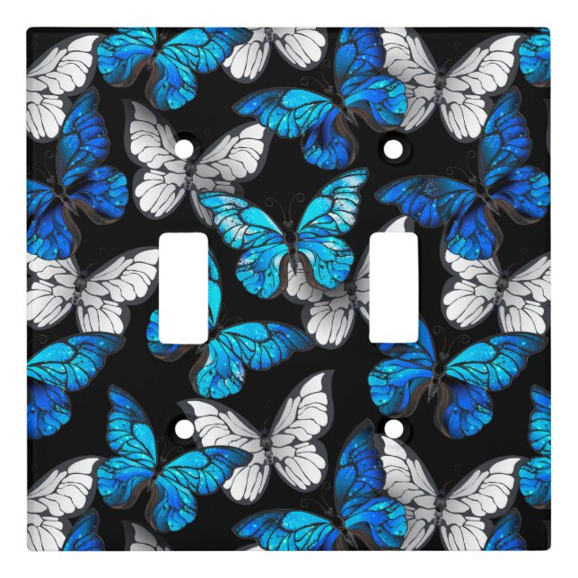 Dark Seamless Pattern with Blue Butterflies Morpho Light Switch Cover (Front)