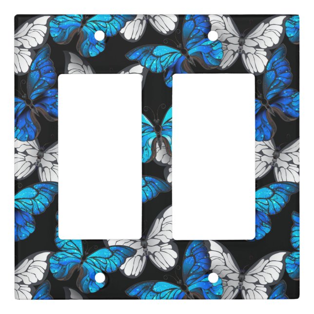 Dark Seamless Pattern with Blue Butterflies Morpho Light Switch Cover (Front)