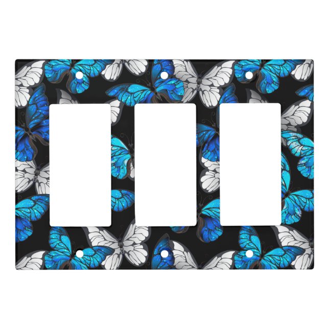 Dark Seamless Pattern with Blue Butterflies Morpho Light Switch Cover (Front)