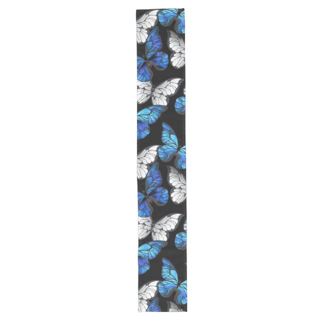 Dark Seamless Pattern with Blue Butterflies Morpho Long Table Runner (Front)