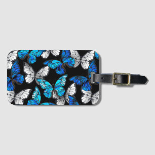 Dark Seamless Pattern with Blue Butterflies Morpho Luggage Tag