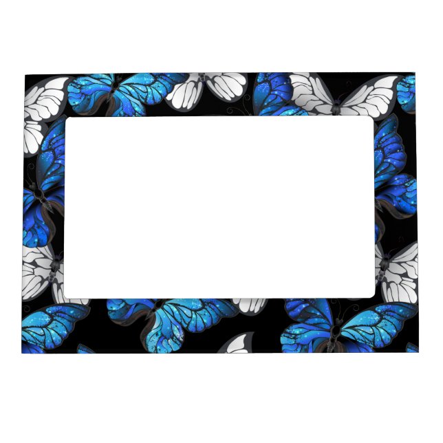 Dark Seamless Pattern with Blue Butterflies Morpho Magnetic Frame (Front)