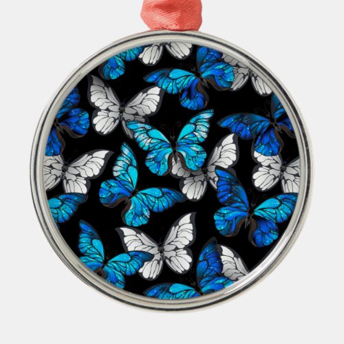 Dark Seamless Pattern with Blue Butterflies Morpho Metal Ornament