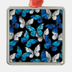 Dark Seamless Pattern with Blue Butterflies Morpho Metal Ornament
