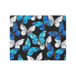 Dark Seamless Pattern with Blue Butterflies Morpho Metal Print