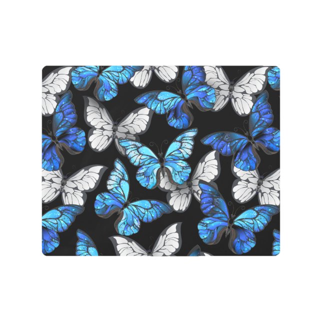Dark Seamless Pattern with Blue Butterflies Morpho Metal Print (Front)