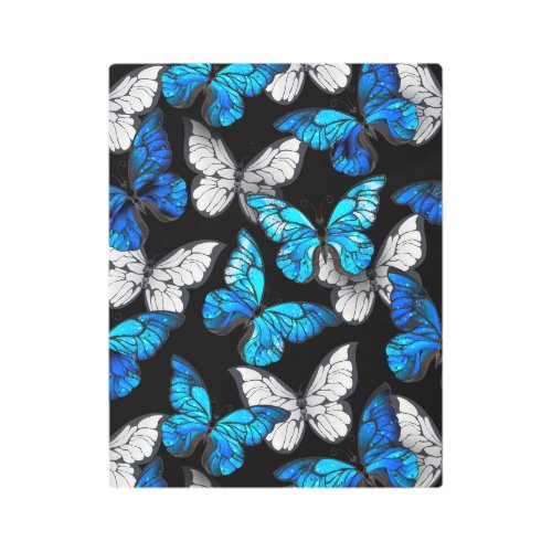 Dark Seamless Pattern with Blue Butterflies Morpho Metal Print