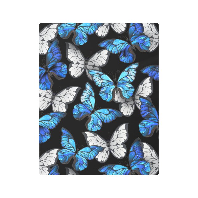 Dark Seamless Pattern with Blue Butterflies Morpho Metal Print (Front)