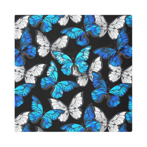 Dark Seamless Pattern with Blue Butterflies Morpho Metal Print