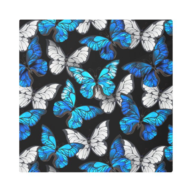 Dark Seamless Pattern with Blue Butterflies Morpho Metal Print (Front)