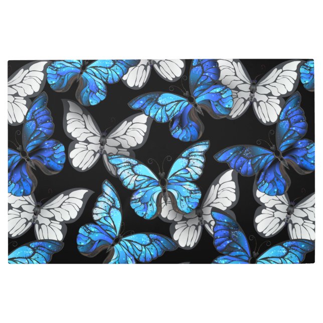 Dark Seamless Pattern with Blue Butterflies Morpho Metal Print (Front)
