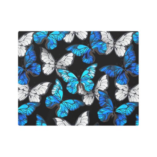 Dark Seamless Pattern with Blue Butterflies Morpho Metal Print