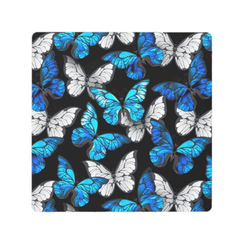 Dark Seamless Pattern with Blue Butterflies Morpho Metal Print