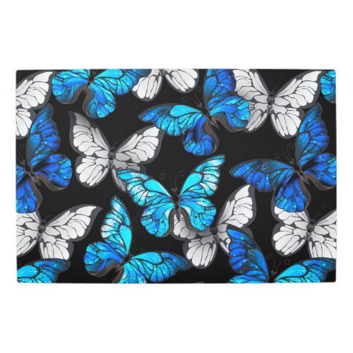 Dark Seamless Pattern with Blue Butterflies Morpho Metal Print