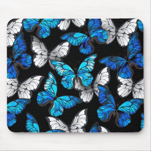 Dark Seamless Pattern with Blue Butterflies Morpho Mouse Pad