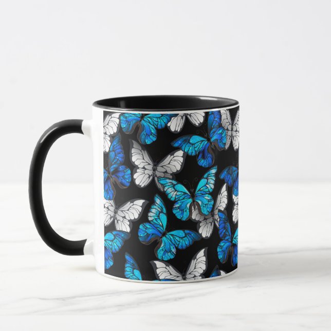Dark Seamless Pattern with Blue Butterflies Morpho Mug (Left)