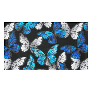 Dark Seamless Pattern with Blue Butterflies Morpho Name Tag